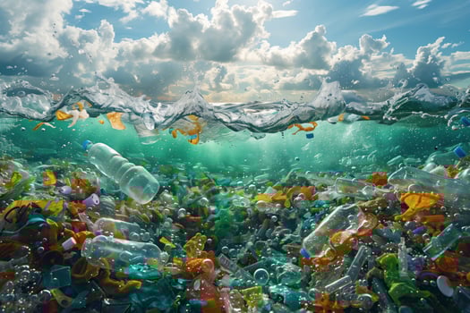 AI generated Plastic waste in the ocean. Environmental pollution. photo