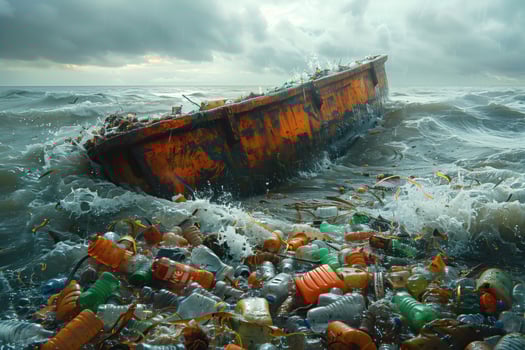 AI generated Abandoned ship in the sea among plastic trash. Environmental pollution. Ecological problem. photo