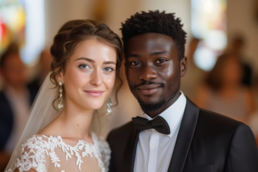 AI generated African American groom and Caucasian bride pose for a photograph on their wedding day in a church. The bride is wearing a white dress and the groom is wearing a suit. Interracial photo