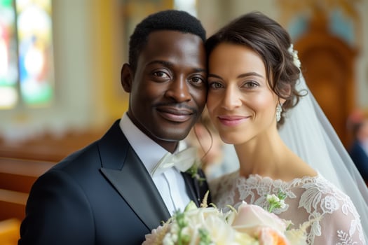 AI generated Interethnic marriage, African American groom and Caucasian bride in wedding outfits stand together in church and pose for a photo. The bride is in a white dress and veil, the groom photo