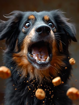AI generated Dog is jumping to catch treat. A large dog catches one piece of food photo