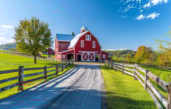AI generated Red barn and horse farm in the country side photo