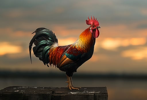 AI generated Rooster standing on wooden fence at sunset photo