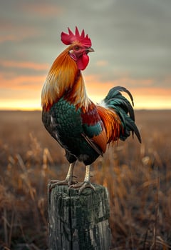 AI generated Rooster crowing on wooden pole in field at sunset photo