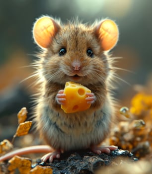 AI generated Wild Wood mouse sitting on the stump with cheese in the forest photo