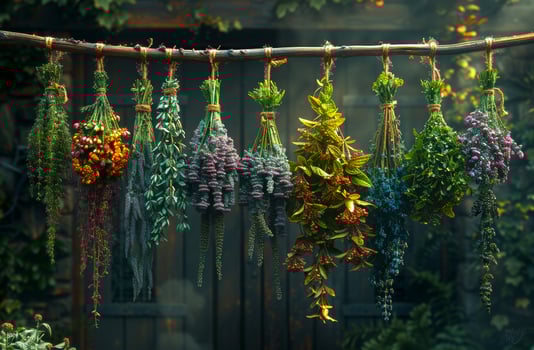 AI generated Dried herbs and flowers hanging on the rope photo