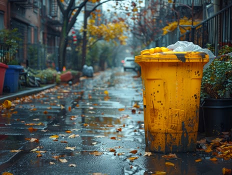 AI generated Yellow trash can and garbage bags on the street in rainy day photo