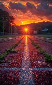 AI generated Track and field at sunset. A sunset on a track at nittany lions football stadium photo