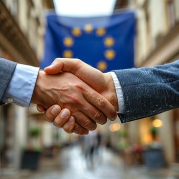 AI generated Two Men Shaking Hands in Front of European Flag photo