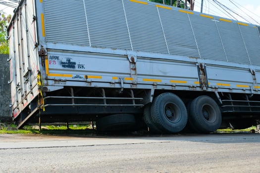Transportation Photography. Accident news photo. Photo of a container truck overturned on the side of the road. A truck rolled over on the side of the road in the morning. Bandung - Indonesia, Asia