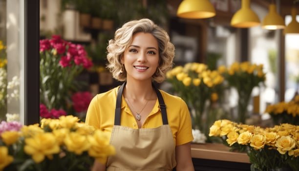 Woman with bouquet of Yellow flowers. photo