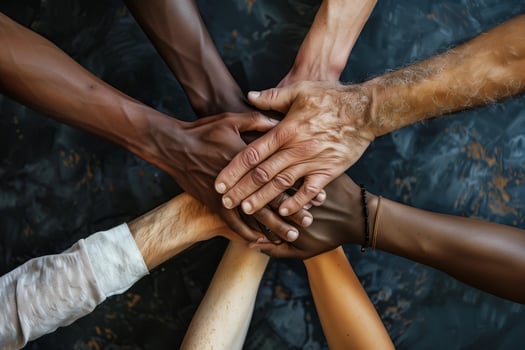 Hands of various races and ethnicities come together against discrimination. . photo