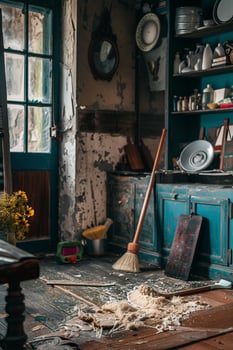 Transforming an unkempt, dirty room into a pristine space, the process of washing, brushing, and cleaning captured in warm light photo