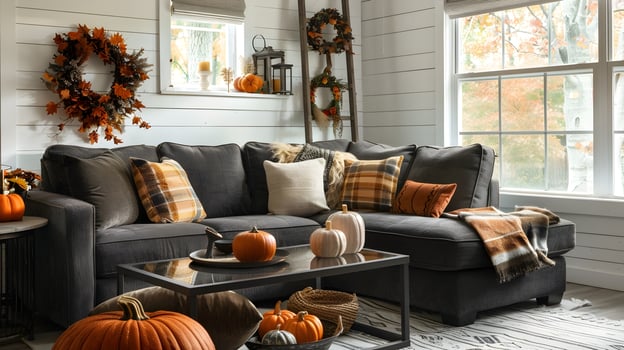 Autumn Harmony Cozy Living Room Decor with Pumpkins and Plaid Pillows on a Grey Couch photo