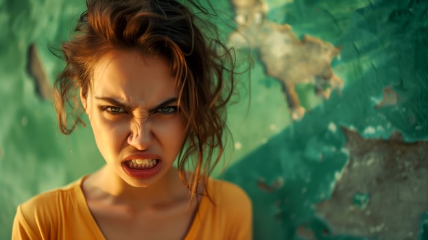 Angry woman in front of the green wall. Portrait of young furious woman, copy space. Anger concept. photo
