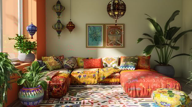Colorful Living Room Decor with Intricate Patterns and Arabian Geometric Designs photo