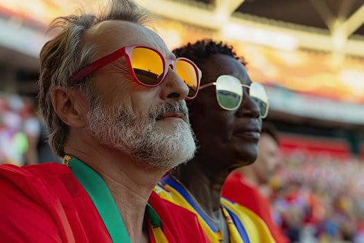Multiracial middle aged married couple at stadium. Fans Enjoying a Sports Event photo