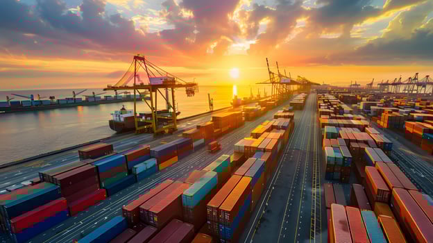 AI generated Multi-colored cargo containers on the pier of a cargo logistics port. AI Generated photo