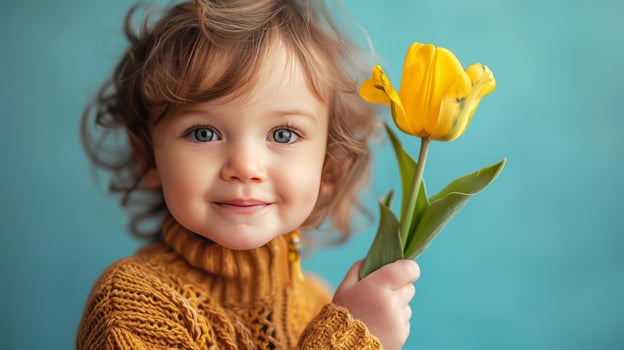 AI generated Little boy with a tulip flower in her hands on pastel blue background photo