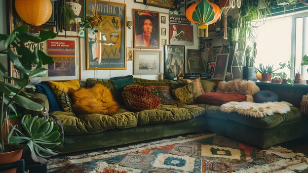 Cozily Designed Bohemian Living Room with Vintage Posters, Olive Green Velvet Sofa, and Hanging Plants photo