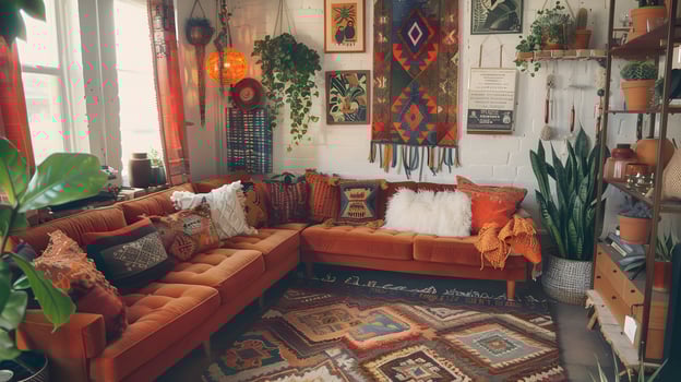 Cozily Designed Bohemian Living Room with Oversized Velvet Couch and Hanging Succulents photo