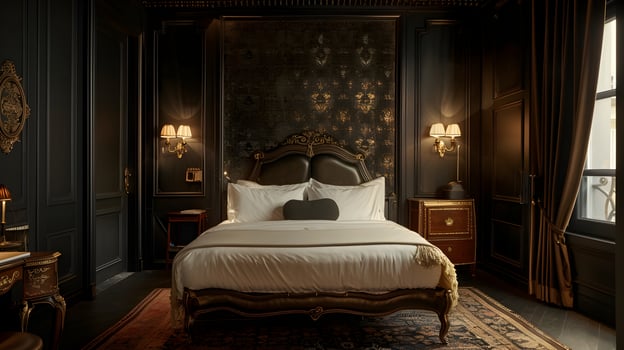 Elegant Bed in Dark Hotel Room A Luxurious Haven of Ornate Details and Antique Furniture photo
