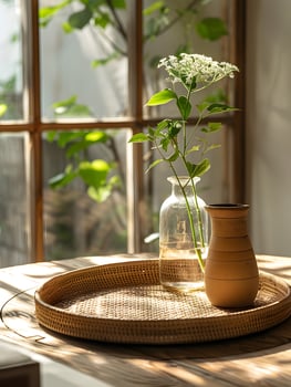 AI Generated A flowerfilled vase rests on a wicker tray on a hardwood table by the window photo