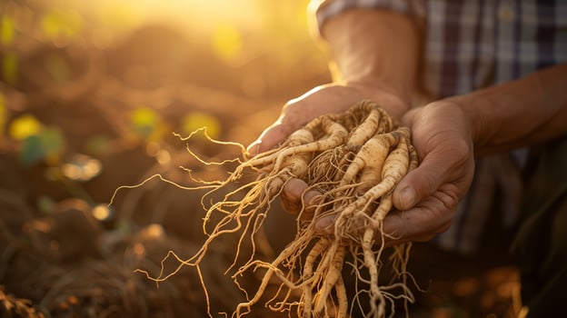 AI generated Ginseng roots in the hands of a farmer, warm sunlight, closeup shot. Generated by artificial intelligence. photo