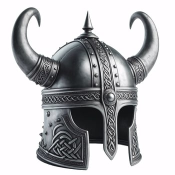 A Viking helmet with two horns, made of metal with a Celtic knot design around the bottom photo