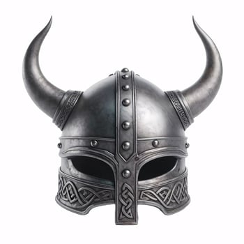 A Viking helmet with two horns, made of metal with a Celtic knot design around the bottom photo