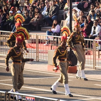 Wagah Border, Amritsar, Punjab, India, 02 February 2024 - Flag ceremony by Border Security Force BSF guards at India-Pakistan border near Attari Amritsar, Punjab, India held every day evening time photo