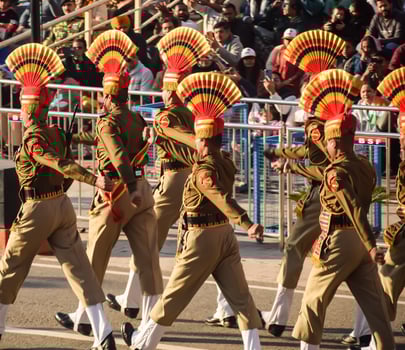 Wagah Border, Amritsar, Punjab, India, 02 February 2024 - Flag ceremony by Border Security Force BSF guards at India-Pakistan border near Attari Amritsar, Punjab, India held every day evening time photo