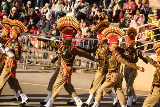 Wagah Border, Amritsar, Punjab, India, 02 February 2024 - Flag ceremony by Border Security Force BSF guards at India-Pakistan border near Attari Amritsar, Punjab, India held every day evening time photo