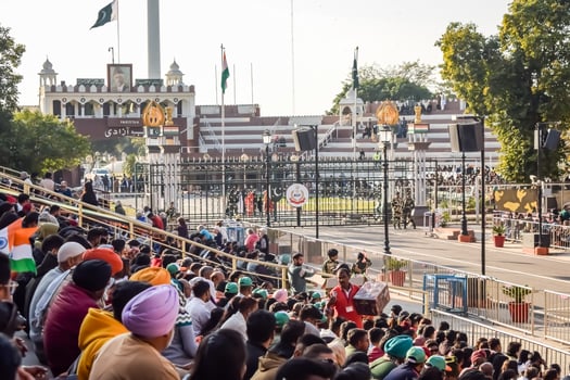 Wagah Border, Amritsar, Punjab, India, 02 February 2024 - Flag ceremony by Border Security Force BSF guards at India-Pakistan border near Attari Amritsar, Punjab, India held every day evening time photo