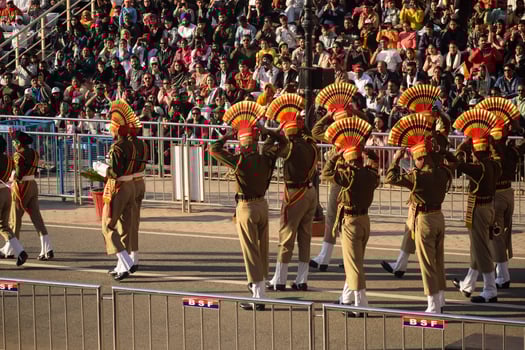 Wagah Border, Amritsar, Punjab, India, 02 February 2024 - Flag ceremony by Border Security Force BSF guards at India-Pakistan border near Attari Amritsar, Punjab, India held every day evening time photo