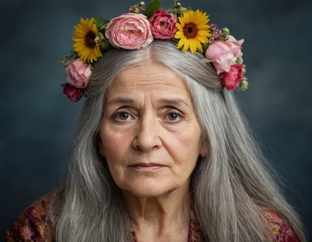 An elderly woman wearing a wreath. photo
