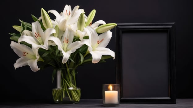 Mourning Remembrance - Bouquet of White Lilies, Burning Candle, and Empty Photo Frame
