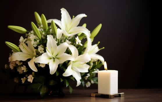 Solemn Tribute - Beautiful White Lilies Bouquet and Burning Candle on Dark Background photo