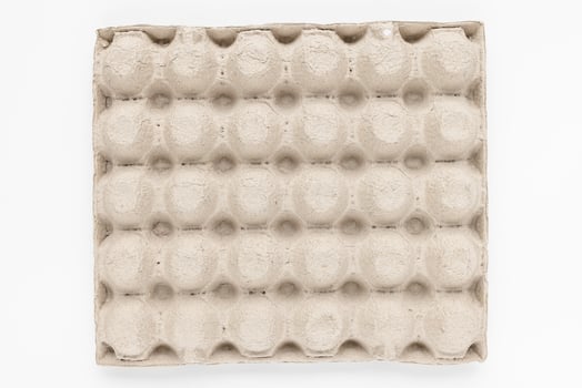 A top view of a beige egg carton displaying symmetrical circular indentations photo