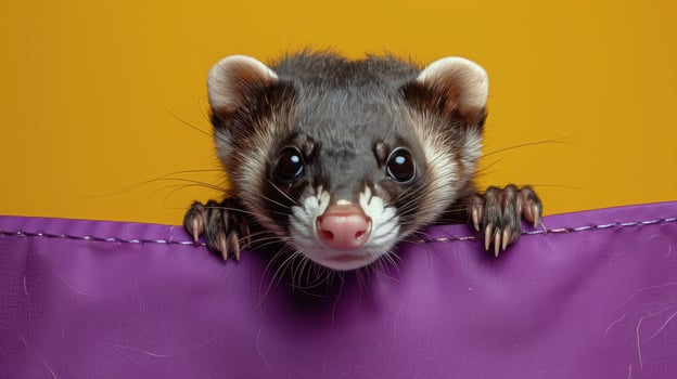 AI generated A Ferret Peeks Out From Behind a Purple Curtain photo