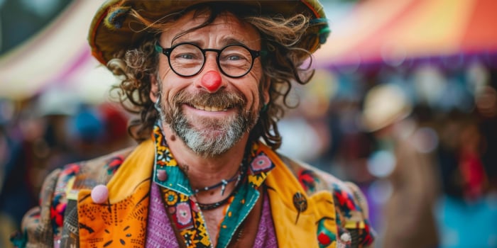 AI generated Man With Clown Nose Wearing Hat and Glasses photo