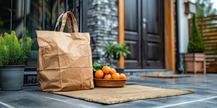 AI generated Brown Paper Bag Next to Orange Basket on Floor photo