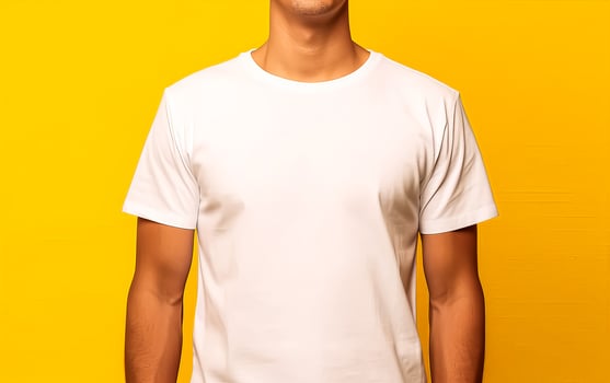 A man in an electric blue active shirt, gesturing with yellow sleeves. photo