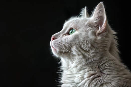 White cat with green eyes on black background in a serene and elegant portrait photo