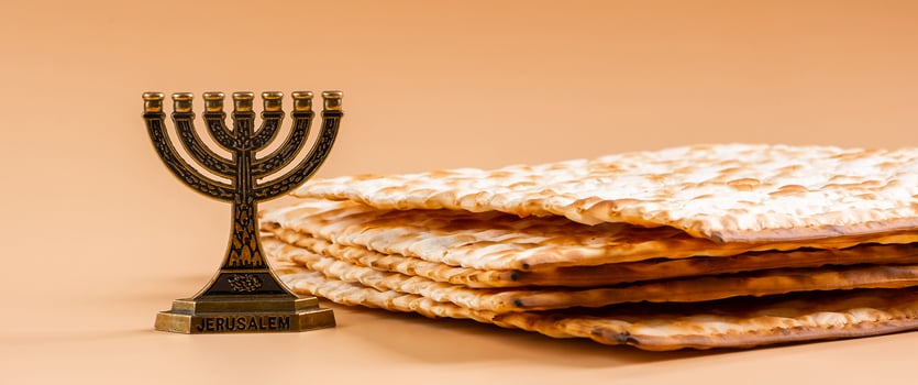 Happy Passover. Traditional Jewish menorah candlestick and matzo bread photo