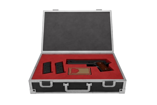 3d rendering open box with weapons and bullets magazines isolated on white background photo