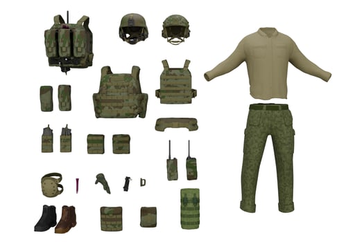 3d rendering military equipment set isolated on white background photo