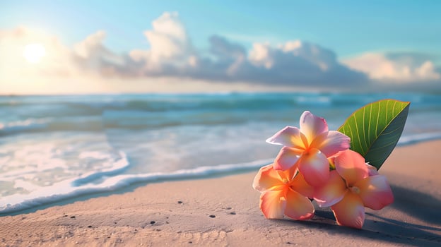 Beautiful tropical summer photo with pink hibiscus flowers over paradise beach background