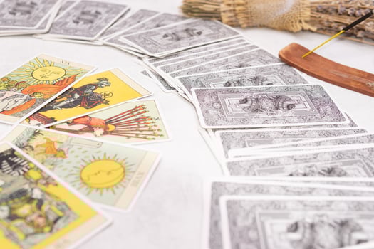 TVER, RUSSIA - FEBRUARY 18, 2024. Tarot cards, Tarot card divination, fortune telling. Occultism, esoteric education. photo