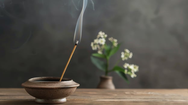 Incense stick emitting smoke for aroma, meditation, and spirituality in a calm zen environment photo